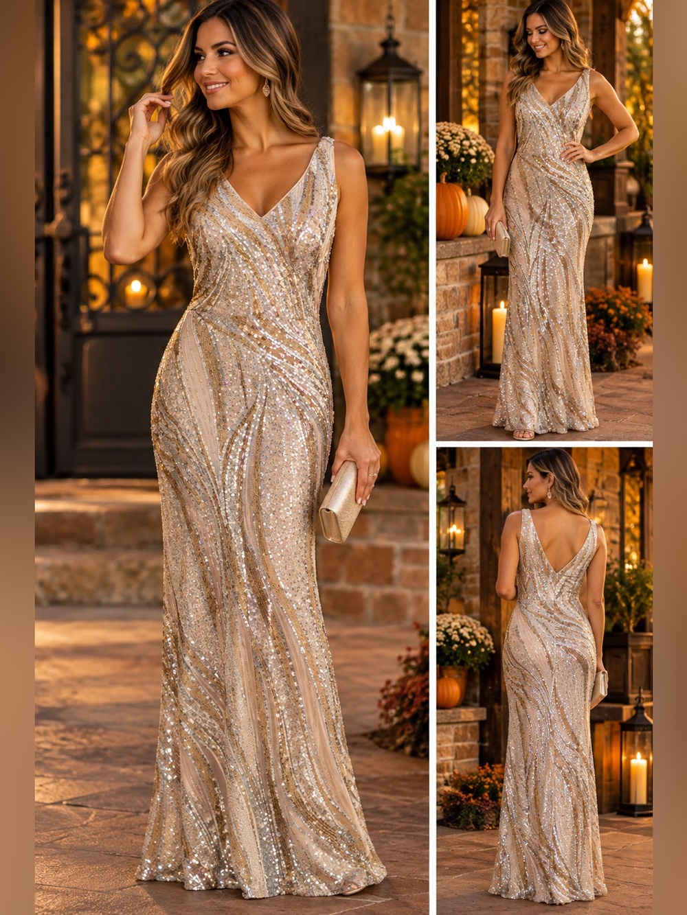NW Nightway Size 8 Champagne Gold Silver Sequin Formal Gown Galla Prom